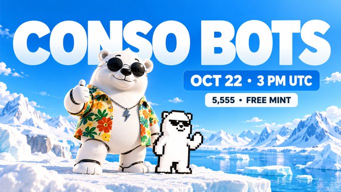 A colorful promotional graphic set in an icy blue landscape features a cartoon polar bear and pixelated dog beneath the headline “CONSO BOTS.” Text on the right reads “OCT 22 • 3 PM UTC” and “5,555 • FREE MINT.”