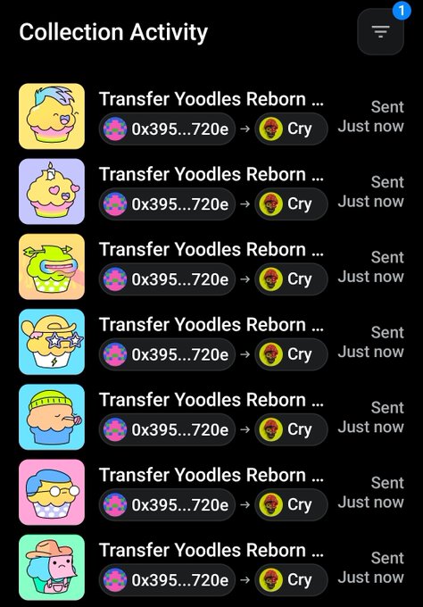 A mobile app screenshot displays a "Collection Activity" feed listing multiple "Transfer Yoodles Reborn..." transactions sent from address "0x395...720e" to a user named "Cry" marked as "Just now."