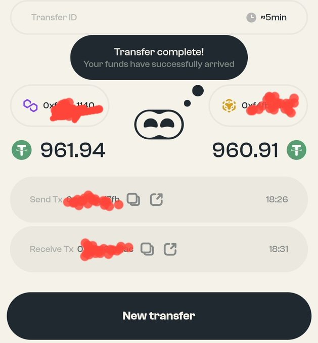A screenshot of an Allbridge transfer confirmation showing a successful bridging of 961.94 USDT from BNB Chain (0xf...1140) to Polygon (0xf...af), completed in approximately 5 minutes, with the recipient receiving 960.91 USDT — a difference of just 1.03 USDT reflecting the bridge's minimal fees.