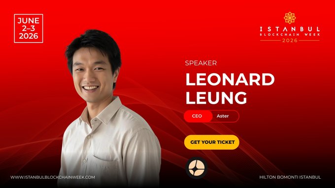 The image features a man standing against a red background with white text that reads "Speaker Leonard Leung CEO at @Aster_DEX Istanbul Blockchain Week". The man appears to be smiling, indicating he is happy or excited about his role as a speaker for this event. The text also mentions the event's location and date, which are June 2-3, 2016.
