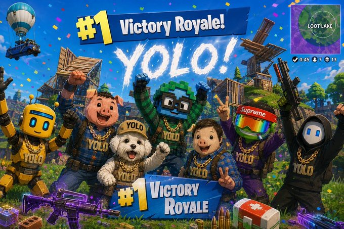 A Fortnite '#1 Victory Royale! YOLO!' celebratory graphic features various game characters and skins including a pig, robot, and dog all wearing 'YOLO' merchandise, with loot and weapons displayed at the bottom.