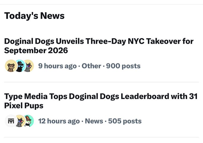 A "Today's News" feed featuring headlines: "Doginal Dogs Unveils Three-Day NYC Takeover for September 2026" and "Type Media Tops Doginal Dogs Leaderboard with 31 Pixel Pups."