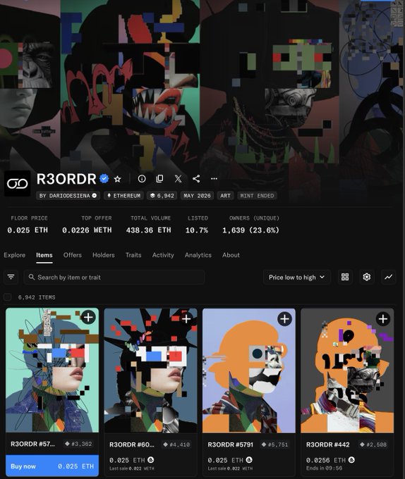 A screenshot of the R3ORDR NFT collection page on OpenSea displays the artwork header and a grid of 6,942 items, with a floor price of 0.025 ETH and key stats like 438.36 ETH total volume and 1,639 unique owners. The post encourages users to claim an R3ORDR NFT and 100k FRAGM3NTS allocation before the collection sells out.