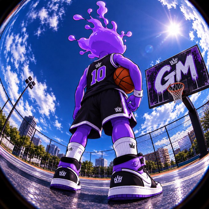 A fisheye-lens digital illustration of a purple liquid-like humanoid character wearing a black basketball jersey with '10' and a crown logo, holding a basketball on an outdoor court with a 'GM' branded hoop.