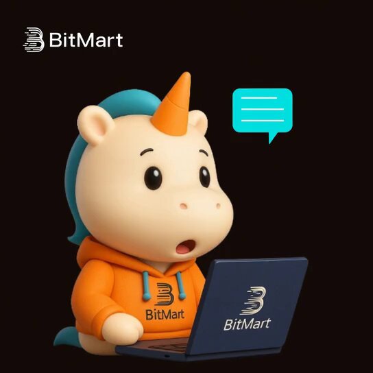 The image features a small cartoon unicorn wearing an orange hoodie with the BitMart logo on it, sitting next to a laptop computer. The unicorn appears surprised or intrigued by something happening on the screen of the laptop. The background of the image is black, which contrasts with the colorful elements in the foreground and makes them stand out more prominently.