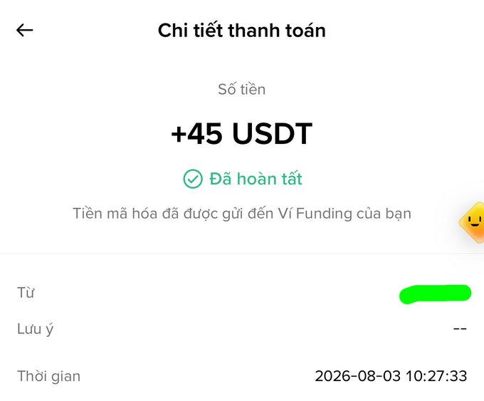A Vietnamese payment confirmation screen showing '+45 USDT' received with 'Đã hoàn tất' (Completed) status, indicating crypto funds were sent to 'VÍ Funding' on 2026-08-03 10:27:33.