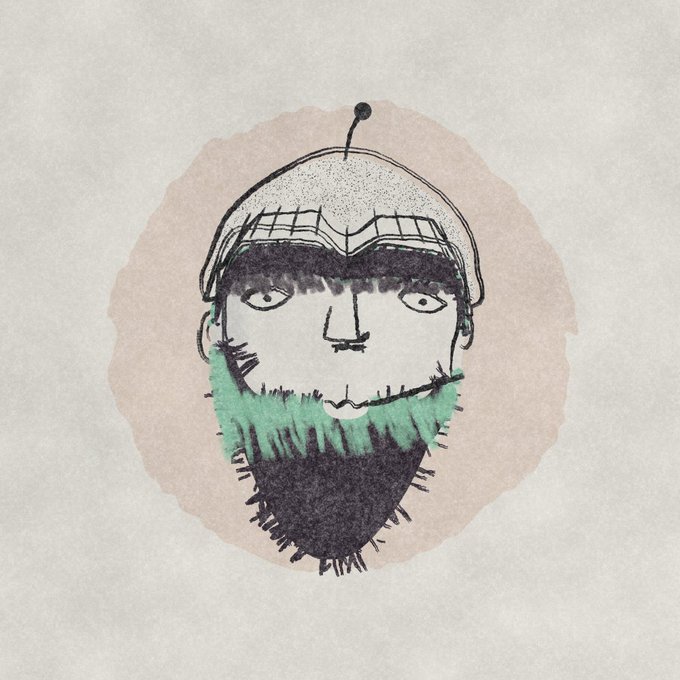 A stylized illustration of a bearded man wearing a helmet with an antenna and goggles, set against a pink circular background.