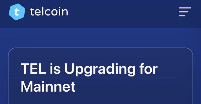 A Telcoin website header with the blue 't' logo and headline 'TEL is Upgrading for Mainnet'.