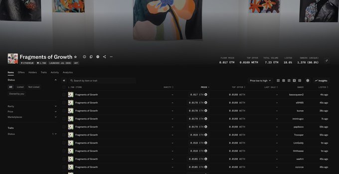 A cryptocurrency NFT marketplace interface showing 'Fragments of Growth' collection with various items priced at 0.017 ETH each, floor price 0.017 ETH.