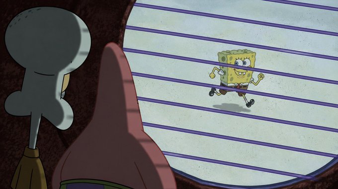 A silhouetted Squidward stands in a dark, shadowy figure in the foreground, watching through a window-like frame as an animated SpongeBob SquarePants runs joyfully across a lined, brightly lit background, evoking the meme of "watching someone else succeed." The image humorously parallels the post's sentiment, depicting the onlooker (Monad and MegaETH) enviously observing Robinhood ("SpongeBob") receive attention and enthusiasm they once enjoyed.