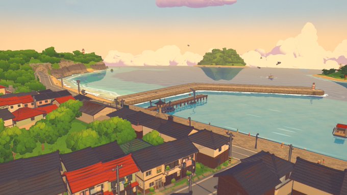 An animated daytime scene showing the same coastal village as Image 4, now in bright daylight with clear skies, calm waters, and a small island visible in the distance.