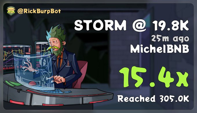 A digital graphic titled "@RickBurpBot" featuring an animated character analyzing trading charts, displaying the text "STORM @ 19.8K 25m ago MichelBNB" and "15.4x Reached 305.0K."