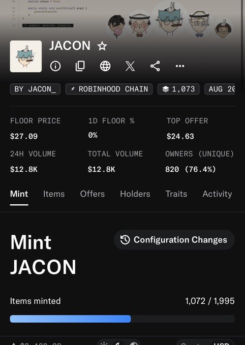 Screenshot of a JACON NFT project page on Robinhood Chain showing a floor price of $27.09, 1,072 of 1,995 items minted, and 820 unique owners. The post highlights the project's growth, as a "Mint JACON" button is visible with over half the supply already minted, supporting the claim of price appreciation from $6 to $29.
