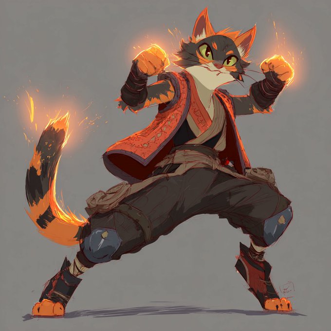 An animated illustration of a fierce cat-like humanoid character with glowing flaming fists and a flaming tail, wearing martial arts attire.