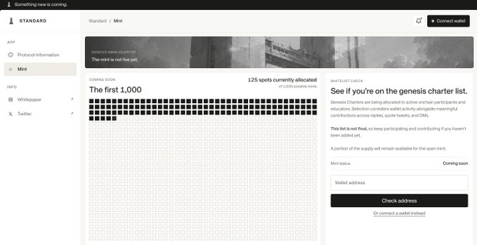 The image shows the Standard Protocol "Mint" page, displaying "The first 1,000" allocation grid (of 1,000 creator mints) where 125 spots are currently allocated, with a whitelist check section for "Genesis Charters" participants. The caption should reference Standard Protocol's experimental on-chain central bank concept, similar to Olympus DAO ($OHM), as mentioned in the accompanying post about the on-chain mint launch.
