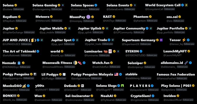 A list of Solana-related crypto Twitter/X accounts including @solana, @solana_gaming, @RaydiumProtocol, @MeteoraAG, @moonpay, @JupiterExchange, and others.
