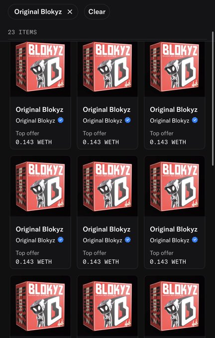 A digital marketplace listing displays 23 "Original Blokyz" NFT items, each priced as a "Top offer" at 0.143 WETH, with the collection's signature cartoon character artwork prominently featured on red boxes. The image visually supports the accompanying post's argument that the Original Blokyz collection is undervalued, showing consistent low offers across multiple identical listings despite the project's significant $64 million presale success.
