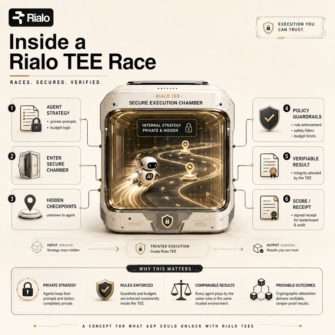 An infographic titled 'Inside a Rialo TEE Race' with the tagline 'RACES. SECURED. VERIFIED.' explaining a 6-step secure execution chamber process involving agent strategy, policy guardrails, and verifiable results, with a 'WHY THIS MATTERS' section below.