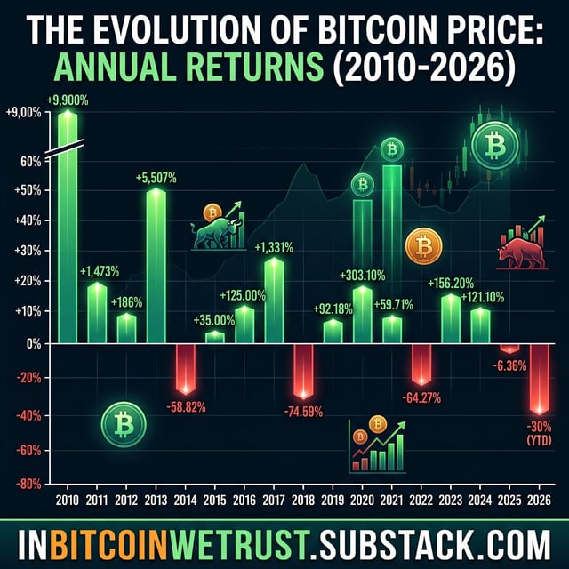 "The evolution of Bitcoin price", "Annual returns (2010-2026) (chart)",  and "In Bitcoin We Trust".