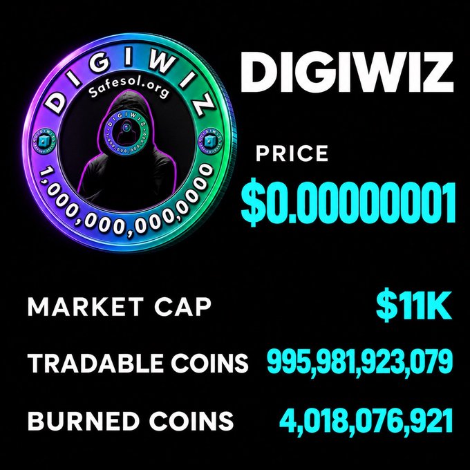 A promotional graphic for the cryptocurrency 'DIGIWIZ' showing a hooded figure in a rainbow coin logo, with a price of $0.00000001, $11K market cap, and nearly 1 trillion tradable coins.
