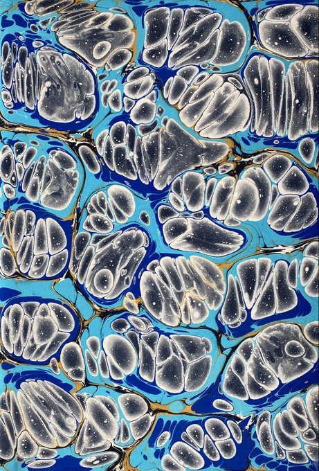 A vibrant marbling art piece featuring swirling organic patterns in deep blues, grays, and golden tones, posted as part of Battal Ebru's Marbling Art NFT collection for the Tezos community to wish followers a restful Tuesday. The abstract, cellular-like forms exemplify the fluid beauty characteristic of traditional ebru techniques translated into digital NFT format.
