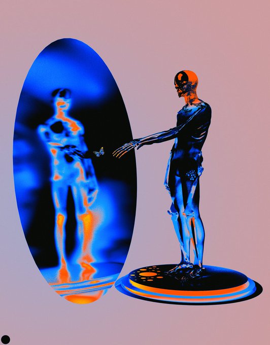 A digital artwork featuring a metallic humanoid figure standing on a circular platform, reaching out to touch its own glowing reflection in a large blue oval mirror.