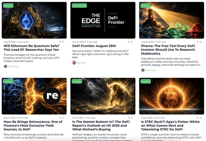 A grid of six article previews from 'The Edge Newsletter' featuring DeFi-related headlines about Ethereum quantum safety, DeFi Frontier, Pharos tool for stablecoin research, Re Finance reinsurance, market outlook from Michael Nadeau, and Apyx's Parker White on STRC tokenization.