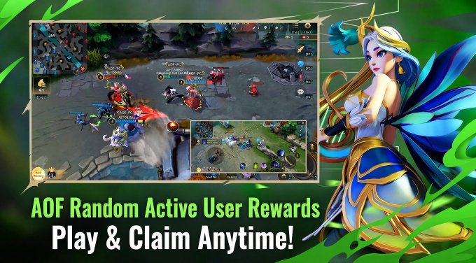 A promotional banner for a mobile game featuring gameplay screenshots and a female character with blonde hair and blue wings, with the text 'AOF Random Active User Rewards Play & Claim Anytime!'