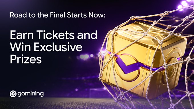 A promotional banner for GoMining's "Road to the Final" raffle features a golden ticket/net imagery with the headline "Road to the Final Starts Now: Earn Tickets and Win Exclusive Prizes," inviting users to participate in a five-round tournament where mining purchases and upgrades translate into raffle tickets for a chance to win exclusive rewards.