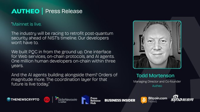 A press release from Autheo announcing 'Mainnet is live' with a quote about post-quantum cryptography, featuring a photo of Todd Mortenson, Managing Director and Co-founder of Autheo, distributed via TheNewsCrypto, GlobeNewswire, and others.