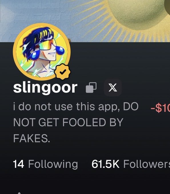 The image shows an X (formerly Twitter) profile for "slingoor," featuring a verified anime-style avatar with 61.5K followers and 14 following, and a bio that reads "i do not use this app, DO NOT GET FOOLED BY FAKES." The accompanying post "sent from my Pumpfun App" aligns with the profile's disclaimer, highlighting that legitimate activity occurs on Pumpfun rather than X, where imposter accounts may exist.