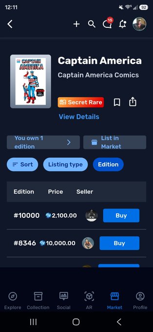 A mobile app screen showing a Captain America Comics NFT marketplace listing marked "Secret Rare," with editions #10000 priced at 2,100 and #8346 at 10,000.