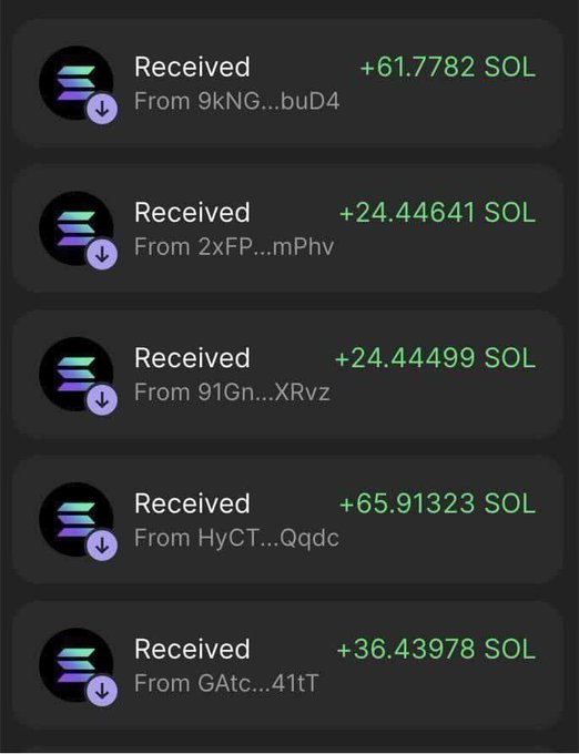A screenshot of a crypto wallet showing multiple received Solana transactions (+61.7782 SOL, +24.44641 SOL, +24.44499 SOL, +65.91323 SOL, and +36.43978 SOL) from various anonymous addresses, presented as supposed "proof" of free SOL airdrops to lure users into a likely giveaway scam from the account @BitcoinAlphaX.