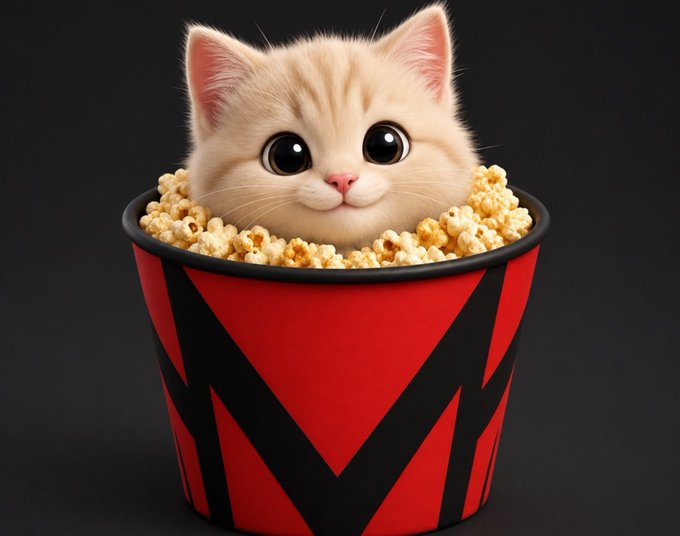 An adorable cream-colored kitten with large eyes peeks out from a red and black popcorn bucket filled with popcorn. The image cleverly ties to the post by combining the "popcorn" meme associated with $AMC (often used by retail investors referencing AMC's CEO Adam Aron) with the playful $meme cat narrative, suggesting a connection between the two meme coins.
