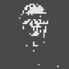 A minimalist, pixelated white skull or face design appears against a dark gray background, with fragmented pieces scattered below.