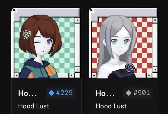 The image displays two "Hood Lust" NFT character cards: a brown-haired anime girl (#229, blue diamond rarity) on a checkered background and a silver-haired girl (#501, gray diamond rarity). The accompanying post clarifies that owning multiple Hood Lust NFTs (2+) grants a free Access Pass mint, while a single NFT requires a 0.0015 ETH mint price, with these specific pieces likely serving as examples of qualifying collectibles.