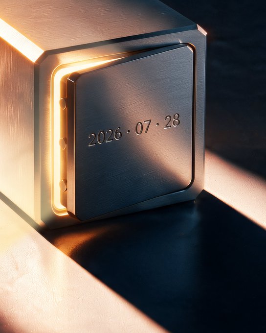 A metallic cube with the date '2026.07.28' engraved on its surface, illuminated by warm light that casts a shadow on the ground.