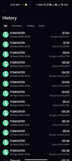 A mobile app screenshot showing a transaction history of FOMOATER token trades, with buy and sell entries in green and red on 26 September 2026.