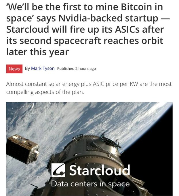 A news headline from Tom's Hardware reports that Nvidia-backed startup Starcloud plans to be the first to mine Bitcoin in space, launching ASIC miners aboard its second spacecraft later this year, citing constant solar energy as the key advantage. The image shows a satellite in Earth's orbit alongside Starcloud's logo reading "Data centers in space," illustrating the company's ambitious plan to leverage space-based solar power for cryptocurrency mining.