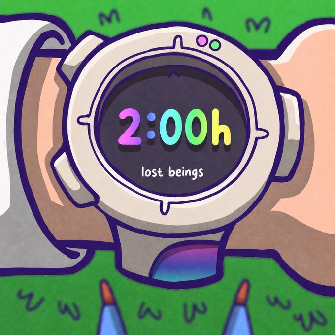 A digital illustration of a smartwatch displays a countdown of "2:00h" with the text "lost beings" beneath it, set against a green grassy background. The image visually reinforces the post's announcement that "The gates are opening in 2 hours," serving as a stylized countdown timer for an upcoming event.