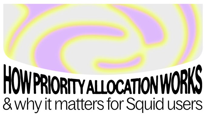 A graphic with swirling purple and yellow patterns and the text "HOW PRIORITY ALLOCATION WORKS & why it matters for Squid users." The image relates to the post by visually introducing a critical "priority allocation" mechanism in the Squid token system that the commenter appears to distrust, suggesting token distribution favors insiders over regular users like miners.
