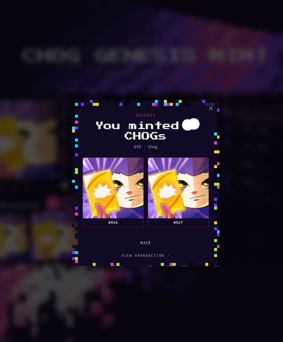 A screenshot of an NFT marketplace showing 'You minted CHOGS' with two card images numbered #926 and #927.