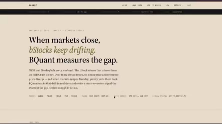 The focus of the image is a webpage for a cryptocurrency called BQuant, which is designed for analyzing the price drift of tokenized stocks during weekend trading hours at Nasdaq or NYSE. The website is presented with a clean, white background that contrasts nicely with black text and includes options to learn more about it through various social media platforms such as Twitter and Instagram. This particular post emphasizes how BQuant helps investors identify bStock weekend price drifts on the BNB Chain during specific trading hours.