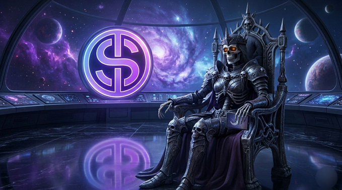 In the image, a person dressed as a skeleton is sitting on a throne with a purple circle above them that says "S" on it. The skeleton is wearing a helmet and has a sword at their side. In front of the skeleton, there's a large screen displaying planets in space. The caption below the image reads: "The @RRMemeMilitia queen has finished her duties today Even rulers of the unliving need time to recharge Goodnight".