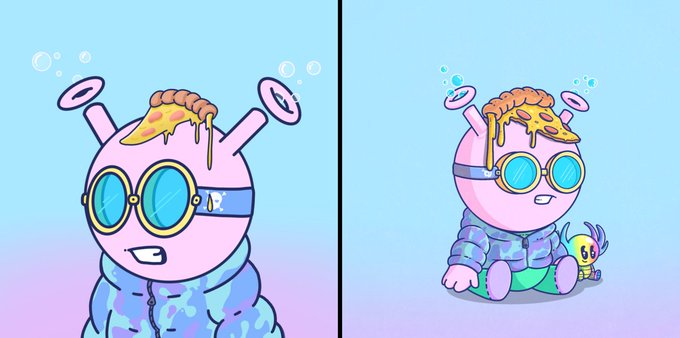 The image shows two views of a Quirkies NFT character (#3740): a close-up portrait on the left and a full-body view on the right, featuring a pink alien-like figure wearing blue goggles and a camo hoodie, with a fried egg on its head and a small yellow creature companion beside it. The pastel gradient background and quirky design reflect the playful, collectible nature of the Quirkies series, with this specific piece (#3740) being sold for 1.08 ETH as noted in the post.
