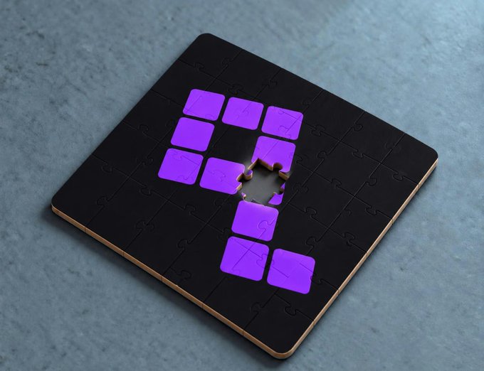 A 3D rendering of a black square puzzle with purple tiles, featuring a missing piece in the center, resting on a textured gray surface.