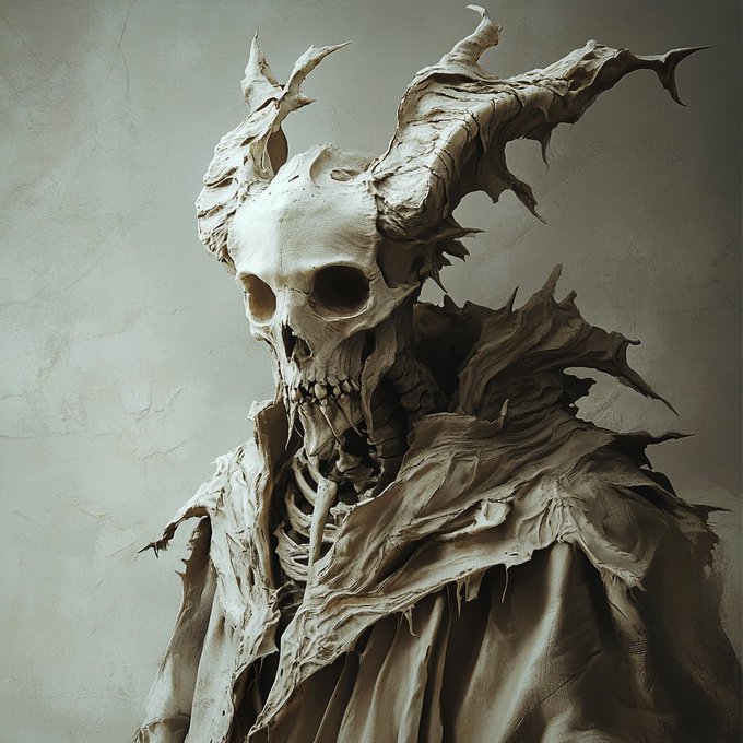 A digital artwork depicting a menacing horned skull-faced creature wrapped in tattered fabric and a heavy cloak against a cracked, muted background.