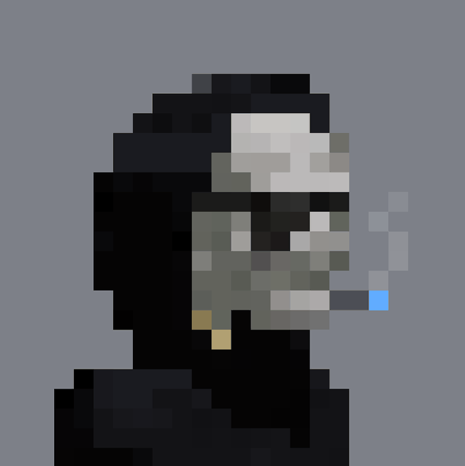 A low-resolution pixel art rendering shows a hooded figure with a skull-like or masked face, holding what appears to be a smoking cigarette against a solid gray background.
