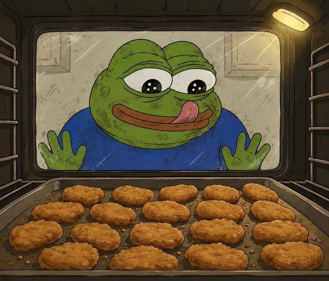 A digital illustration of the Pepe the Frog meme looking longingly through an oven window at a tray of chicken nuggets.