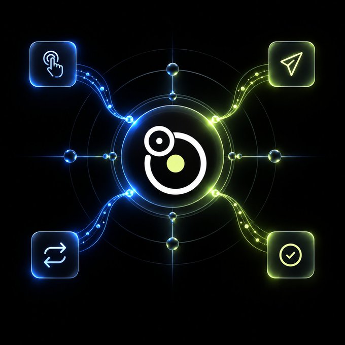 A futuristic digital graphic features a central circular logo surrounded by glowing blue and green pathways connecting to icons of a pointing hand, a cursor arrow, a refresh symbol, and a checkmark.